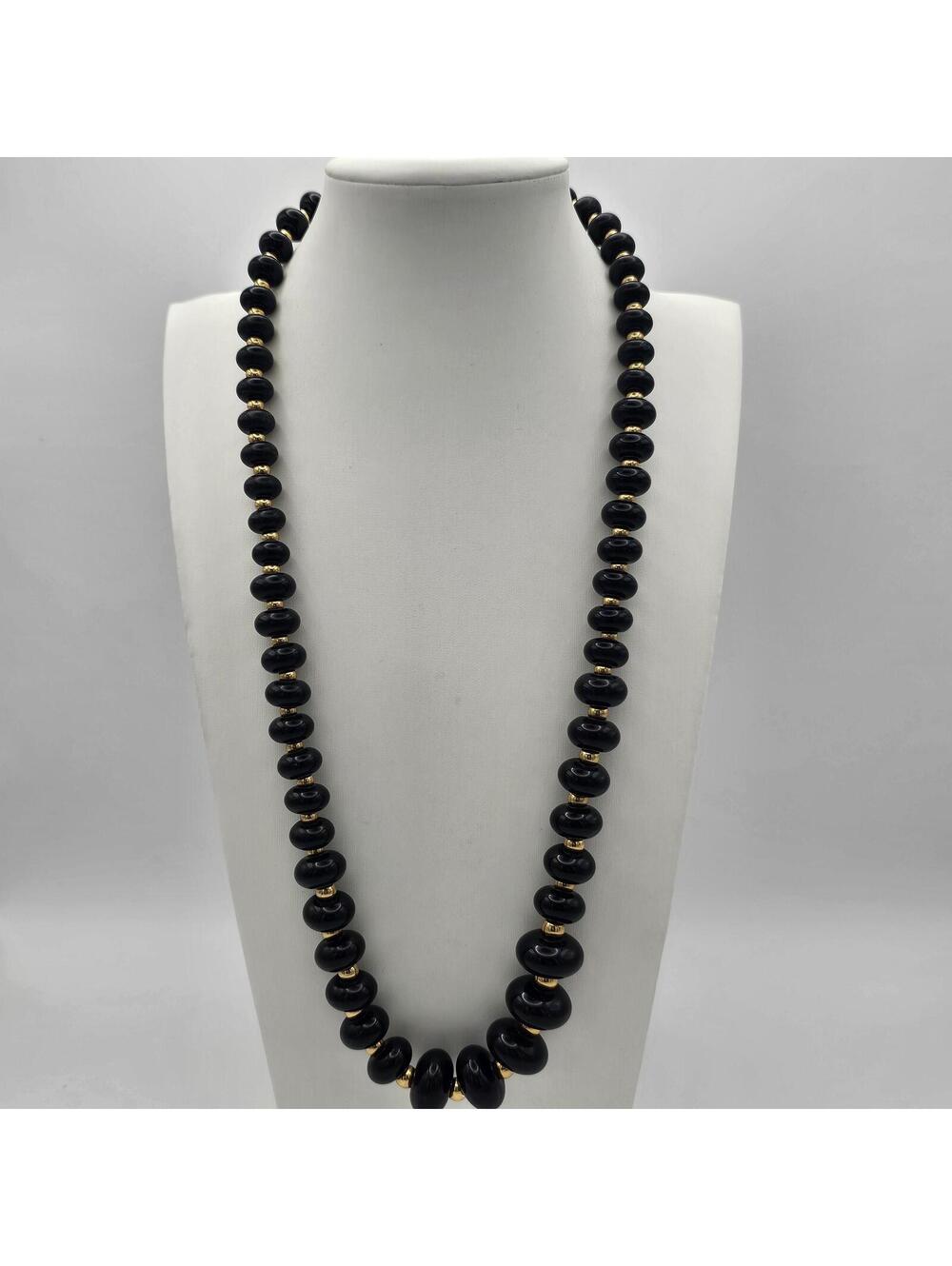 Vintage Napier Black Graduated Bead Necklace Gold Tone Accents 24" Statement